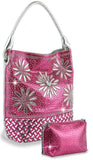 Daisy Rhinestone Tall Hobo Handbag Set - Fuchsia