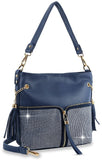 Rhinestone Zip Hobo Handbag - Navy