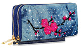 Dual Zip Rhinestone Denim Wristlet Wallet - Fuchsia