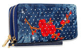 Dual Zip Rhinestone Denim Wristlet Wallet - Red