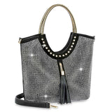 Decorative Rhinestone and Tassel Tote - Black