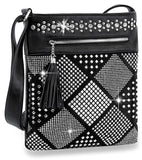 Tassel Accented Diamond Print Crossbody Sling - Black