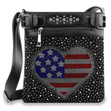 Rhinestone Americana Heart Flag Crossbody Sling - Black