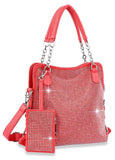 Rhinestone Covered Accessorized Shoulder Bag - Coral