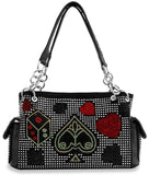 Playing Card Emblems Design Rhinestone Handbag - Black