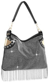 Rhinestone And Beaded Fringe Hobo Handbag - Black