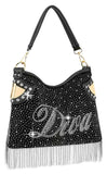 Rhinestone And Beaded Fringe Diva Hobo Handbag