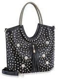 Embossed Rhinestone and Tasseled Tote - Black