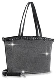 Belted Rhinestone Covered Tote Handbag - Black