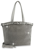 Belted Rhinestone Covered Tote Handbag - Pewter