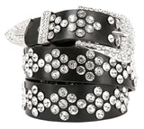 Leather Rhinestone Patterned Belt (Large) - Black-Large