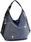 Patent Trim Rhinestone Hobo Handbag - Navy