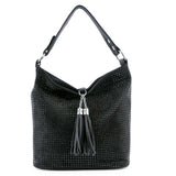 Tassel Accent Colored Stone Hobo Handbag