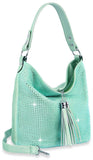 Tassel Accent Colored Stone Hobo Handbag - Mint