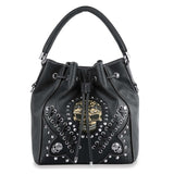 Skull Accented Drawstring Hobo Handbag