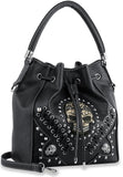 Skull Accented Drawstring Hobo Handbag