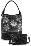 Daisy Rhinestone Tall Hobo Handbag Set - Black