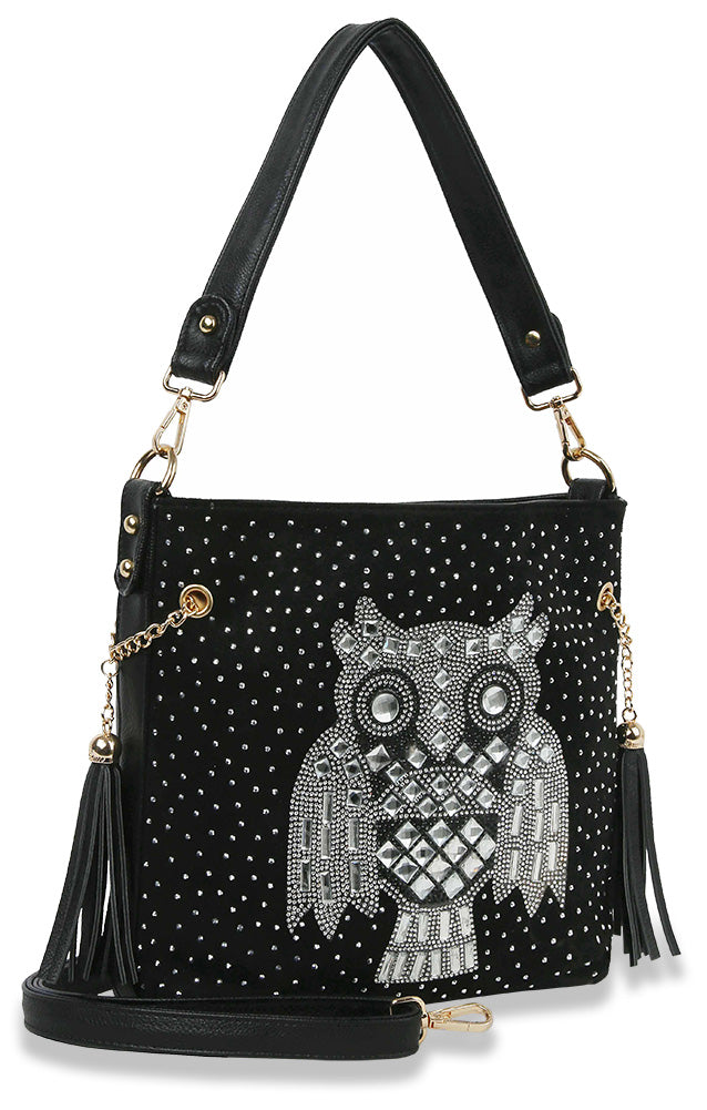 Owl Design Rhinestone Hobo Handbag - Black