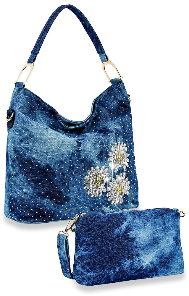 Rhinestone Daisy Denim Hobo Handbag Set - Blue