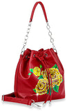 Graphic Rose Print Drawstring Hobo Handbag - Red
