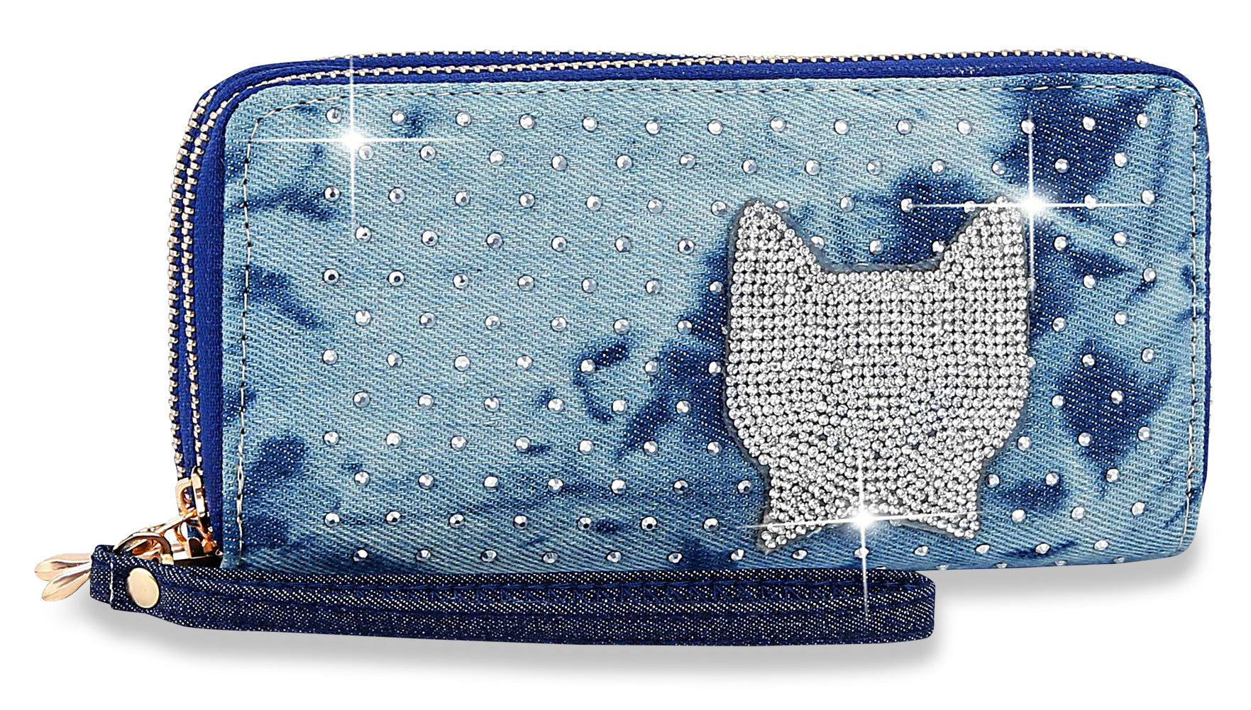 Decorative Rhinestone Cat Wristlet Wallet - Dark Blue