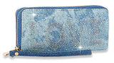 Rhinestone Love Denim Wristlet Wallet - Light Blue