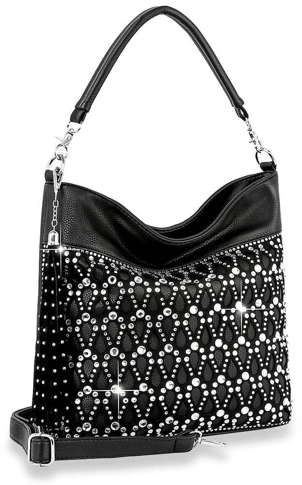 Sparkling Rhinestone Design Hobo Handbag - Black