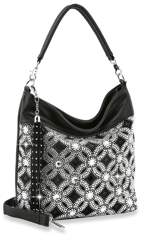 Dazzling Rhinestone Design Hobo Handbag - Black