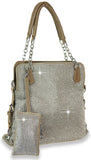 Rhinestone Covered Accessorized Shoulder Bag - Taupe