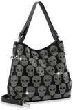 Skull Design Rhinestone Hobo Handbag - Black