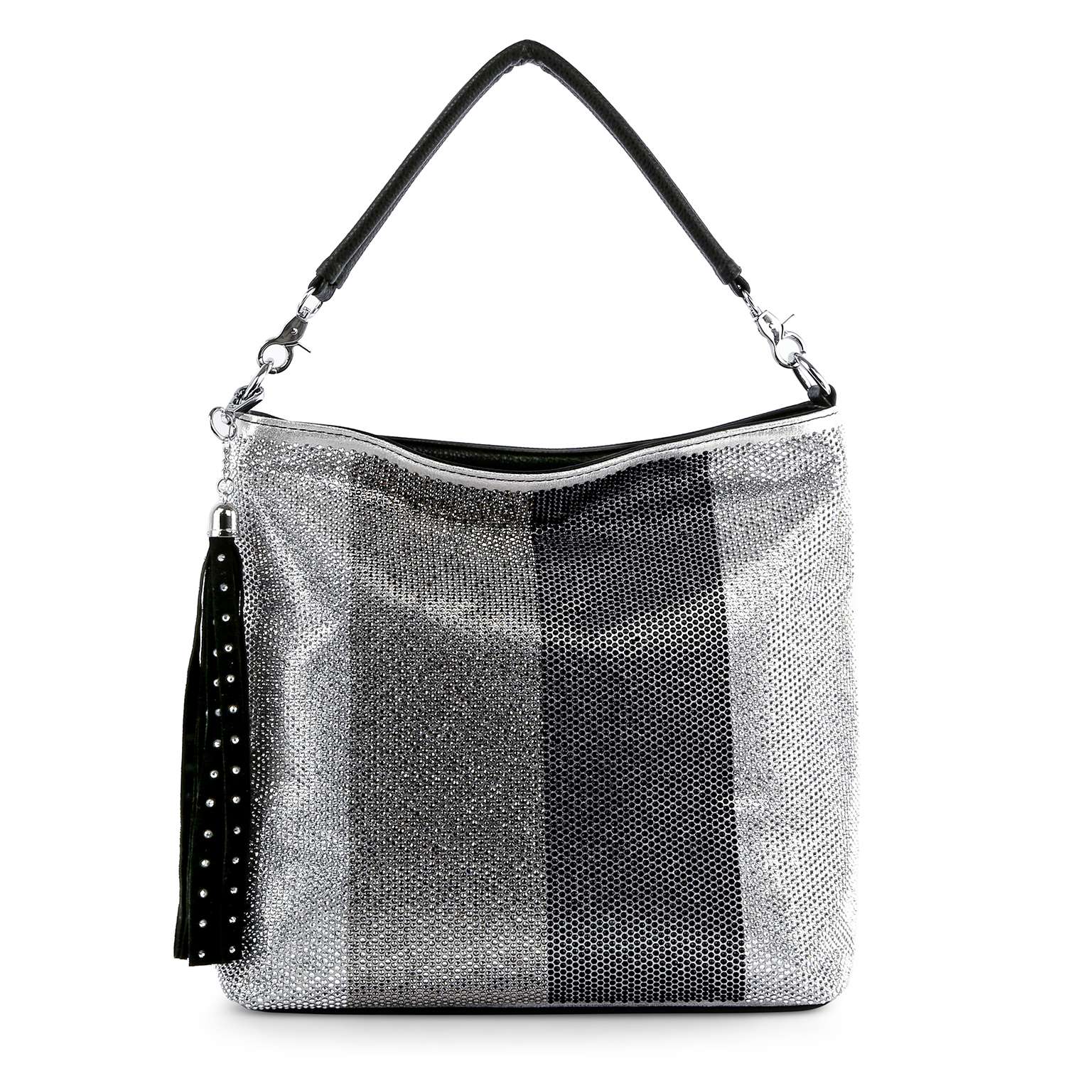 Rhinestone Stripe Pattern Hobo Handbag - Black