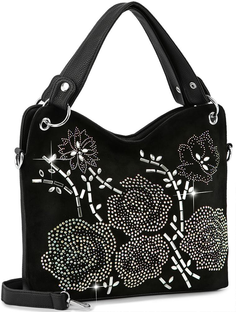 Floral Design Rhinestone Handbag - Black