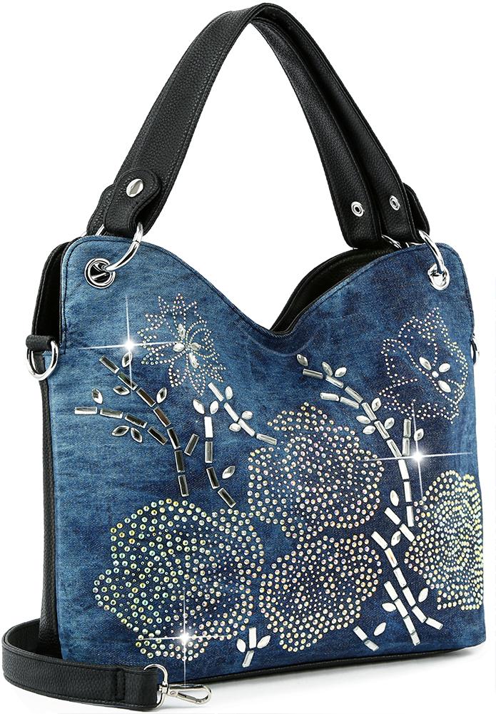 Floral Design Rhinestone Handbag - Blue