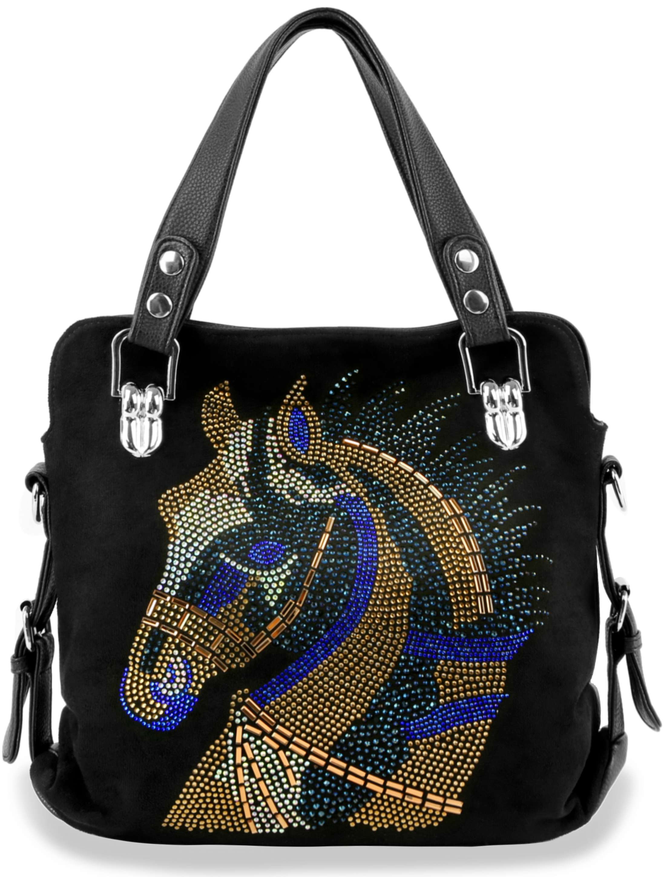 Horse Design Rhinestone Covered Handbag - Black