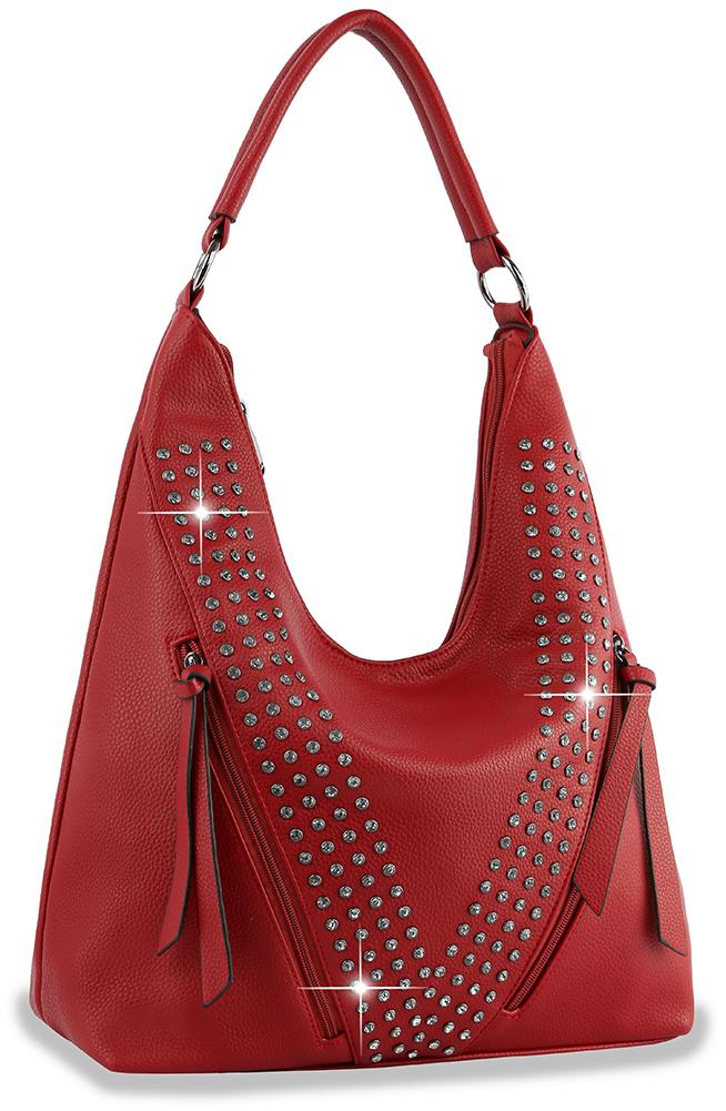 Rhinestone Accented Hobo Handbag - Red