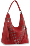 Rhinestone Accented Hobo Handbag - Red