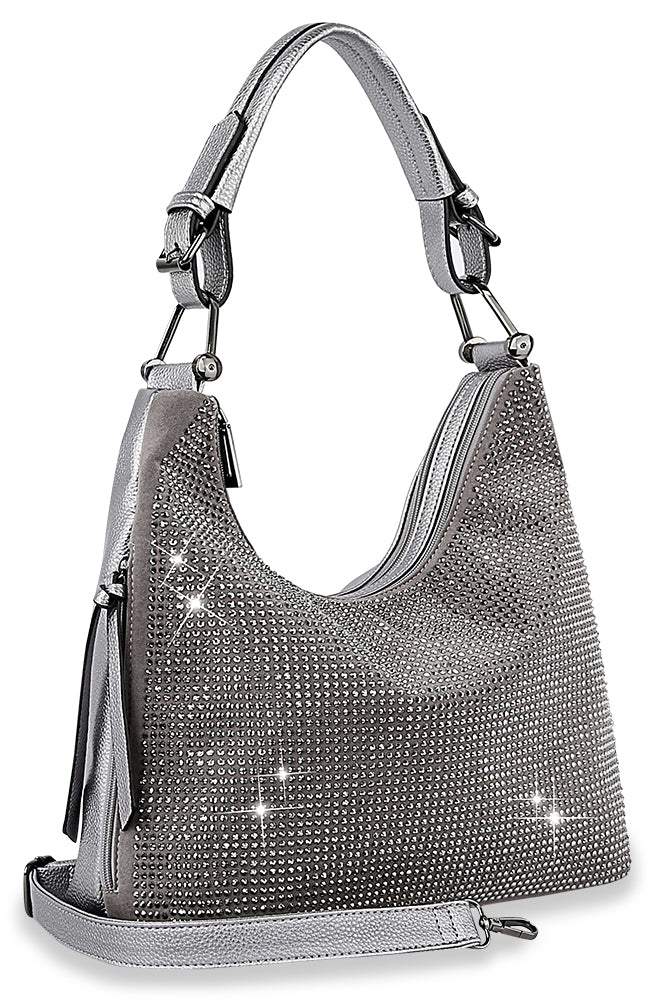 Colored Stone Accented Hobo Handbag - Pewter