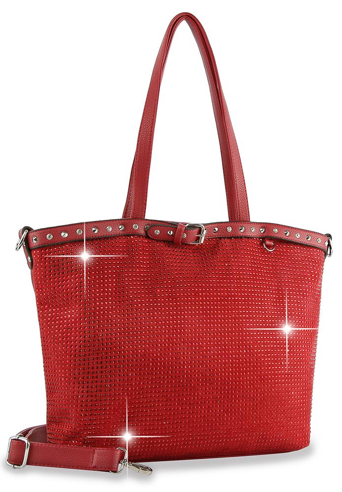 Belted Rhinestone Covered Tote Handbag - Red