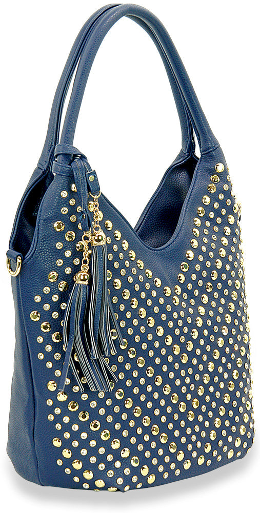 Studded Chevron Pattern Fashion Handbag - Navy