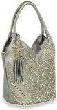 Studded Chevron Pattern Fashion Handbag - Pewter