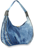 Rhinestone Accented Denim Handbag - Blue