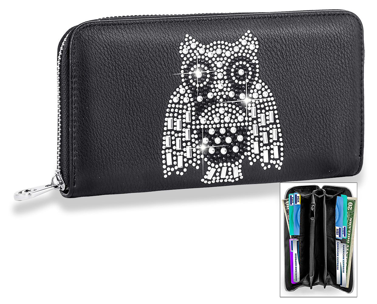 Owl Design Rhinestone Accordion Wallet - Black
