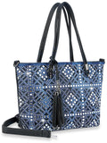 Layered Rhinestone Pattern Tote Handbag - Blue-Black