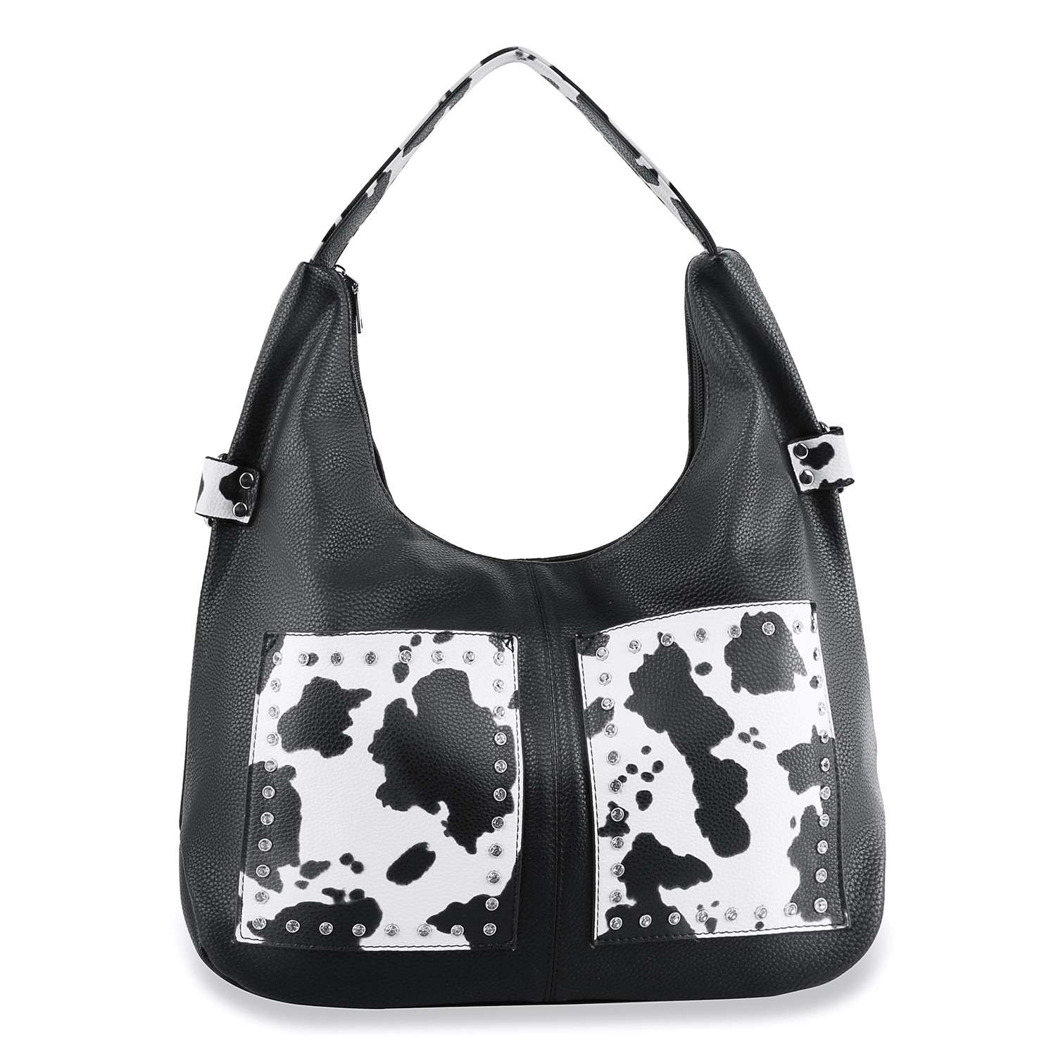 Cow Print Front Pocket Hobo Handbag - Black