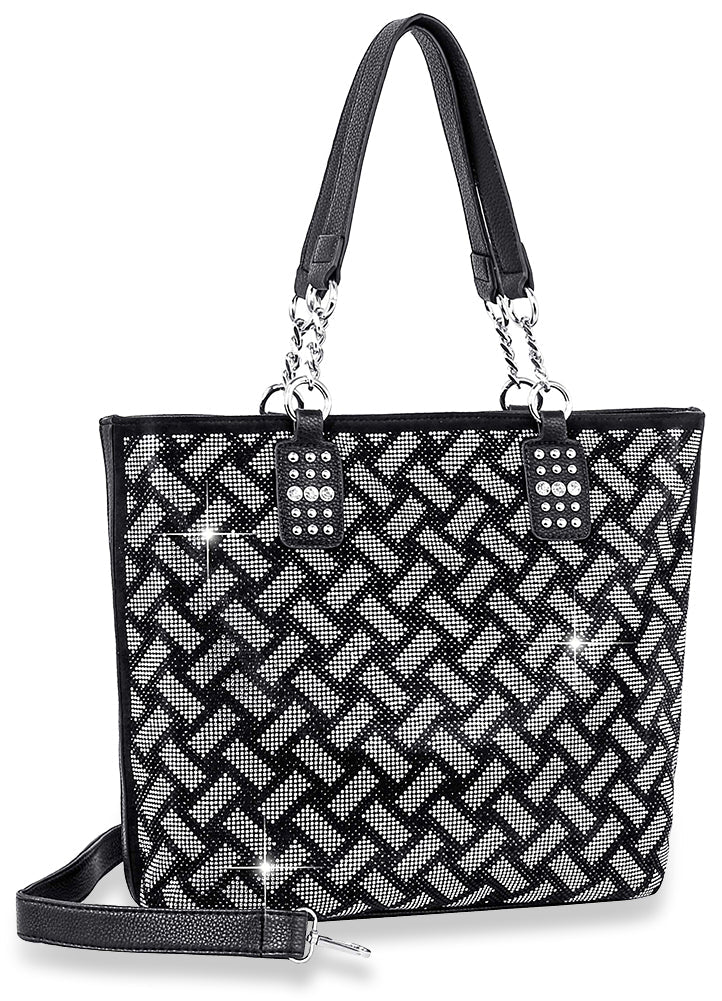 Woven Design Shopper Style Tote Handbag - Black