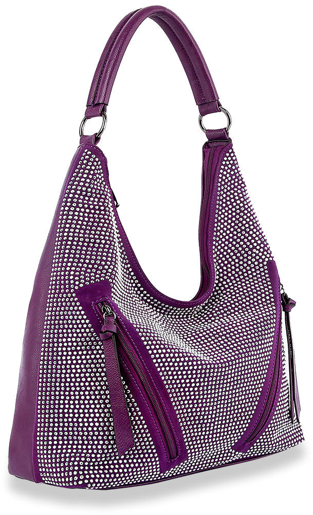 Front Pocket Sparkling Hobo Handbag - Purple