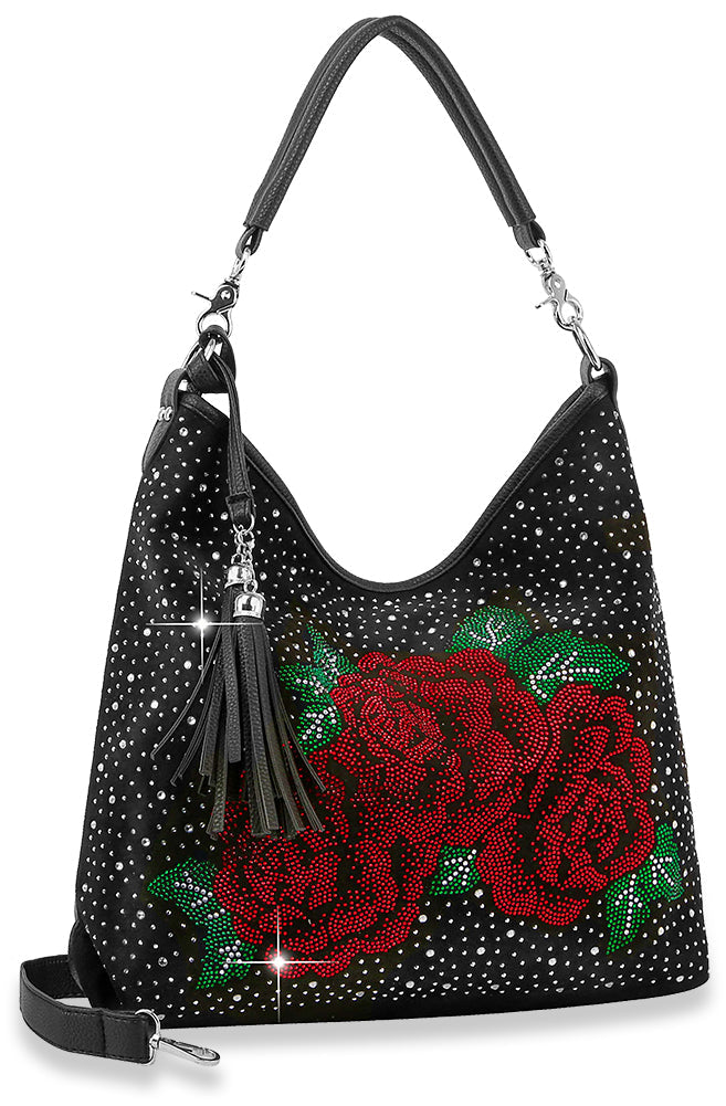 Red Rose Rhinestone Hobo Handbag - Black