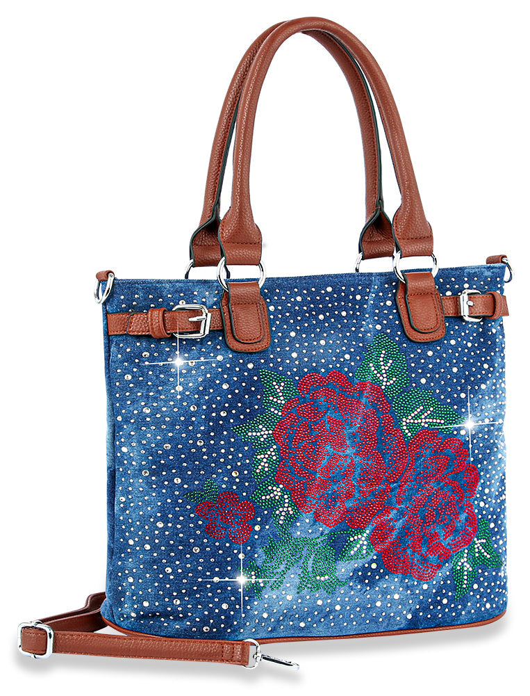 Rose Pattern Rhinestone Tote Handbag - Blue
