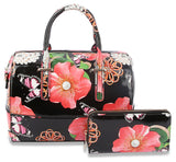 Patent Floral Satchel Handbag Set