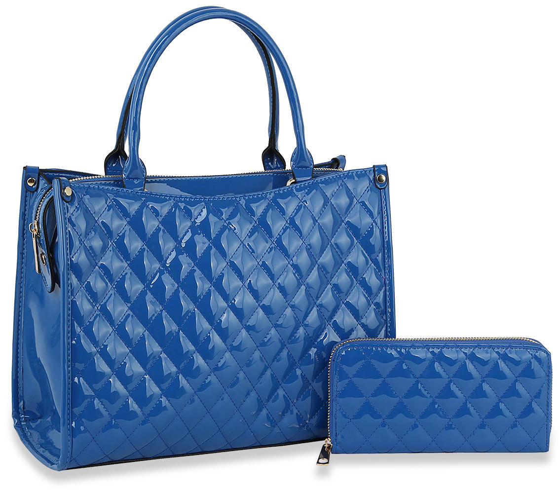 Patent Quilted Hand Tote Set - QFS-0046W-BL